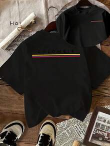 [Impresión a doble cara] Ropa de mujer para primavera/verano, con el logotipo COLOMBIA y rayas amarillas, azules y rojas, adecuada para uso diario, tela transpirable y lavable a máquina, 100% algodón. - Negro - Ver 7