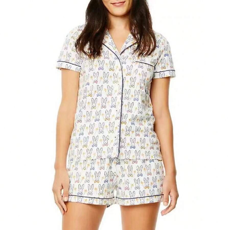 2-Pcs Women's Pajama Set Cute Bunny & Heart Print Notch Collar Short Sleeve Button-Down Top & Shorts Loose Comfy Skin-Friendly Cotton Loungewear Casual Home Dorm Wear Spring Summer New Arrival - 11-紫色小兔 - 查看 1