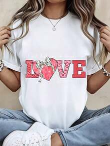 Camiseta Casual de Mujer a la Moda con Estampado de Corazón, Lazo y Diseño de Leopardo para el Día de San Valentín y Uso Casual - Blanco - Ver 6