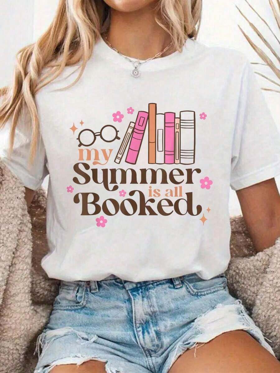 Camiseta Casual 100% Algodón para Mujer, Estilo Retro, con Estampado 'Mi Verano Está Todo Reservado', para Amantes de los Libros, para Chicas - Blanco - Ver 1