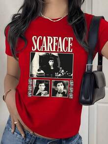 Camiseta con Estampado Gráfico de Escenas de Películas Retro, 180g, 1 Pieza, Estilo Casual para Mujer, 100% Algodón, Estilo Vintage Streetwear - Rojo - Ver 9