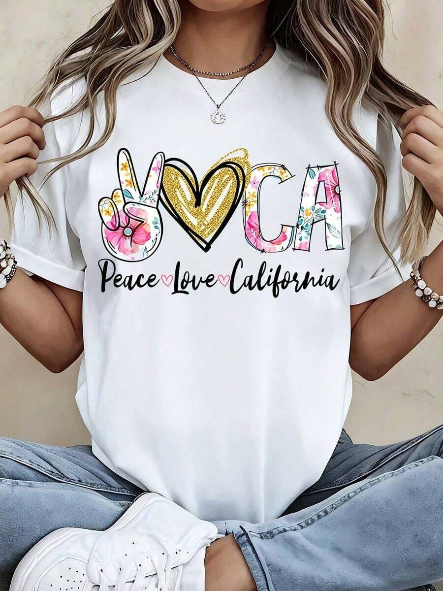 Camiseta Peace Love California con estampado floral de la cruz de la paz y corazón, estilo casual deportivo, estilo vintage urbano, unisex, de algodón 100%, manga corta, cuello redondo. - Blanco - Ver 1