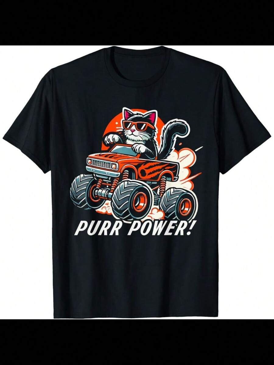 Cat Lover - Purr Power Funny Cat Monster Truck T-Shirt - Black - View 1