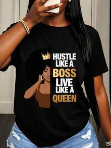 Camiseta Casual para Mujer con Estampado Gráfico 'Hustle Like A Boss Live Like A Queen' con Corona y Retrato de Mujer para Uso Diario y Estilo de Moda - Negro - Ver 1