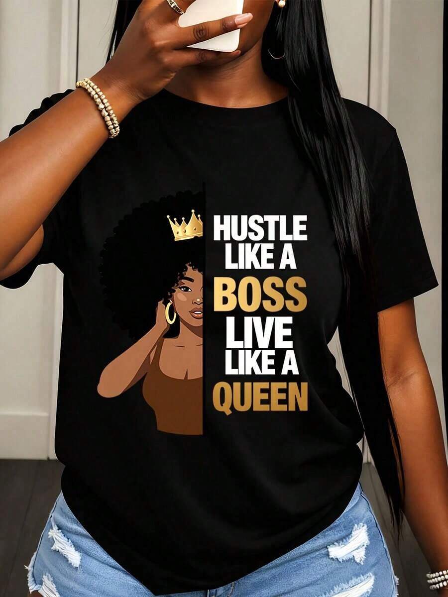 Camiseta Casual para Mujer con Estampado Gráfico 'Hustle Like A Boss Live Like A Queen' con Corona y Retrato de Mujer para Uso Diario y Estilo de Moda - Negro - Ver 1