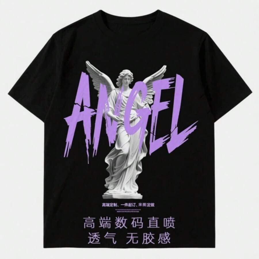 Camiseta con Estampado de Letras Y2K, 100% Algodón, Lavable, Corte Holgado, Ropa Casual para el Día a Día - Negro - Ver 1