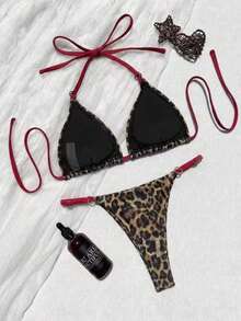 Women's Leopard Print Bikini Set With Heart-Shaped Ring Decor. Features Triangle Cup Design, Spaghetti Strap, Sweet And Stylish. Vacation Beach Summer - Multicolor - View 5