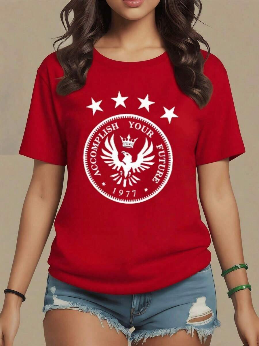 Comfortable. Central Symbol Of A Crowned Eagle Surrounded By Stars Representing Strength And Personal Achievement, Inspiring To Pursue Goals And Overcome Challenges. Modern Women's T-Shirt Made Of Soft 100% Cotton Fabric. Fashionable All-Match Women's Short Sleeve T-Shirt, Basic Style For Inner & Outerwear - 紅色的 - 查看 1