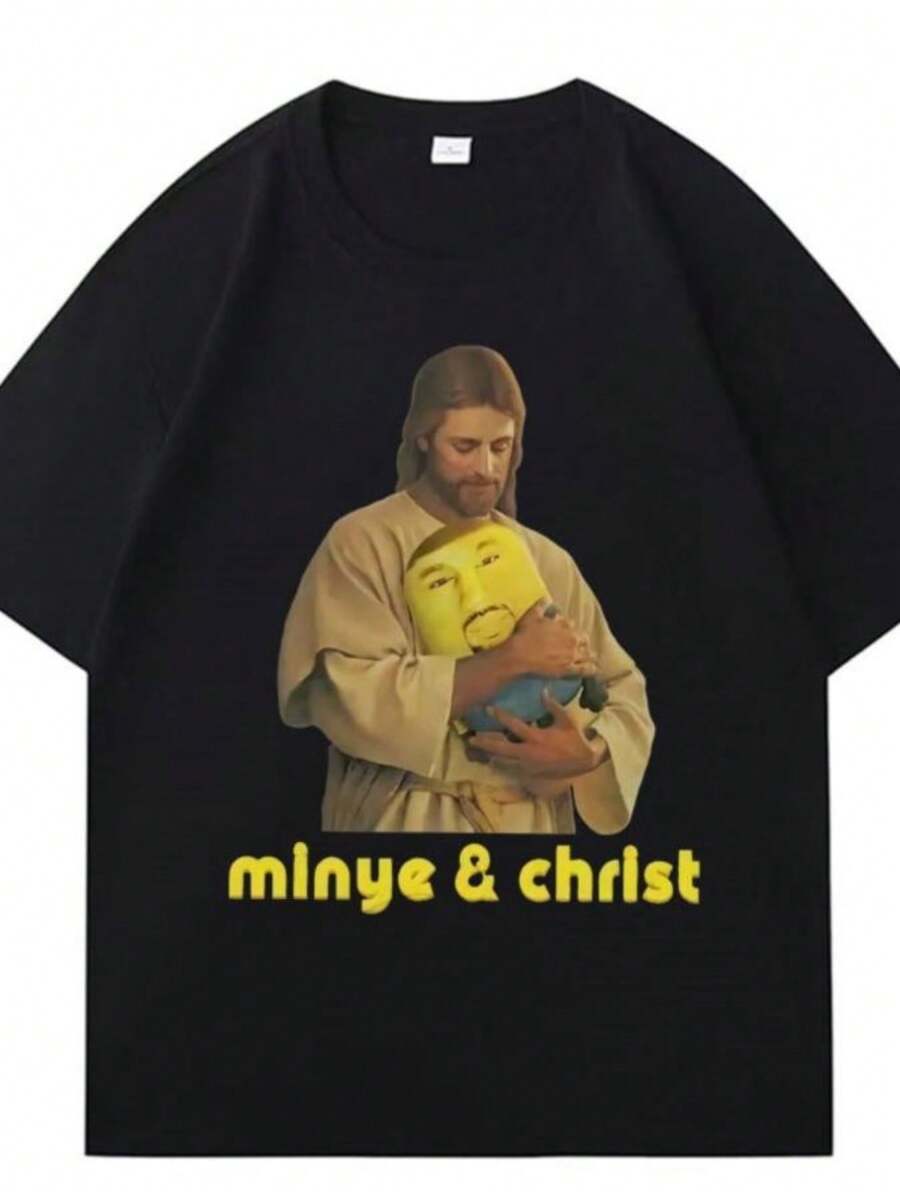 Women's Blouses Funny Kanyes Wests Jesus Christ And Minye Meme Graphic T Shirt Men Women Pop Harajuku Tee Shirt Casual Cotton Short Sleeve T-Shirt - 黑色 - 查看 1