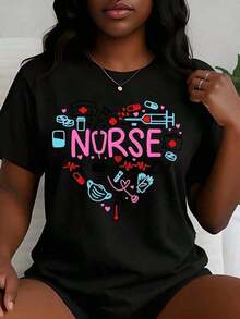 Women's Cotton T-Shirt. Women's T-Shirt With A Casual, Cute, And Colorful Design, Featuring Nurse Heart Graphics And Medical Icons. Casual Summer Wear For Nurses And Healthcare Workers, Celebrating International Nurses Day In May. Perfect Gift For Nurses. Women's Clothing To Pay Tribute To The Most Beautiful Angels In White. Must-Have Clothing. - 黑色 - 查看 6