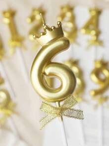 3D皇冠蝴蝶結0-9數字蠟燭，生日蛋糕蠟燭，生日派對裝飾插蠟燭 - 金色 - 查看 6