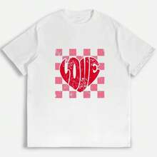 Heart And Check Print T-Shirt, Y2K Style,  Women's T-Shirts, Cute, Vintage, Casual, For Everyday Wear, Soft And Comfortable, Summer T-Shirts, Valentine's Day Gifts, Printed Tops - 白色 - 查看 1