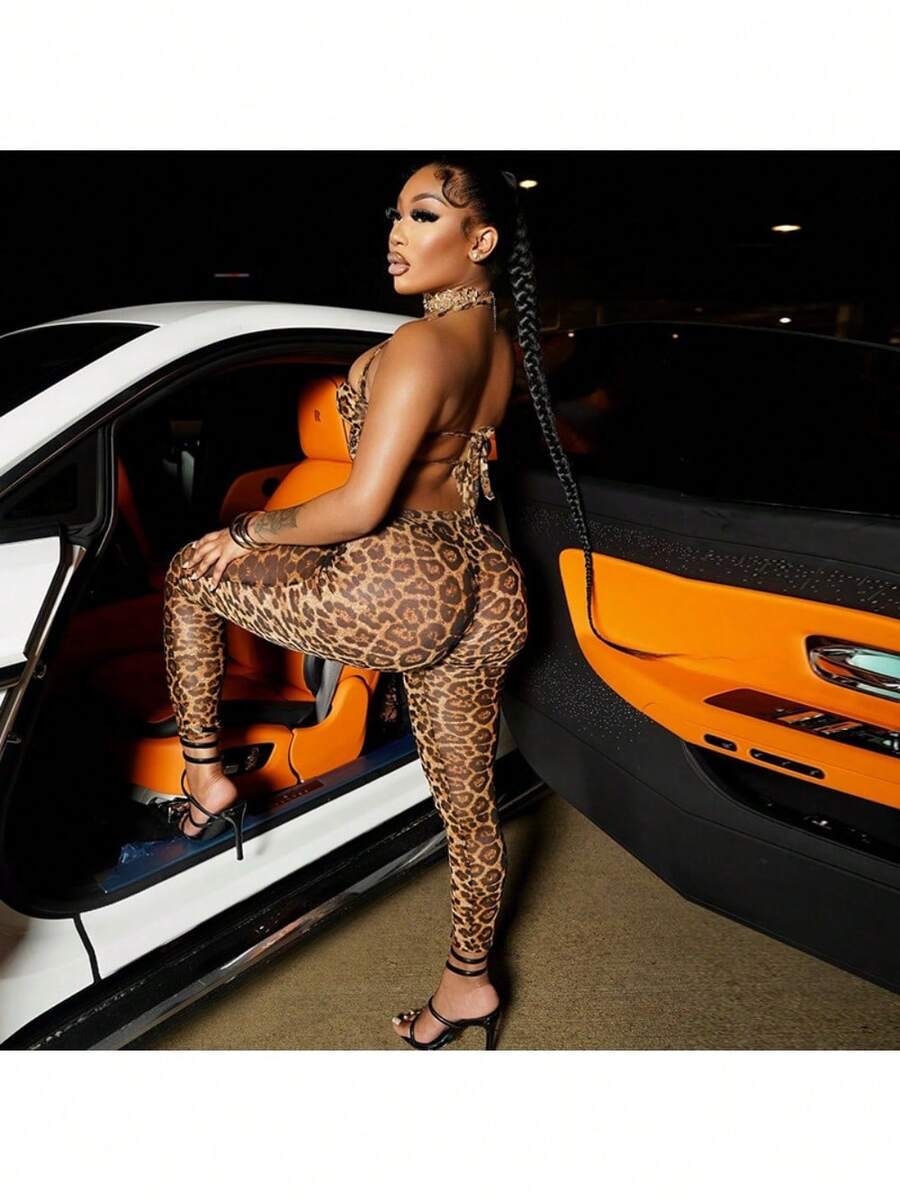 Conjunto De Dos Piezas De Tirantes Y Top Envolvente Sensual Con Estampado De Leopardo - Negro - Ver 1