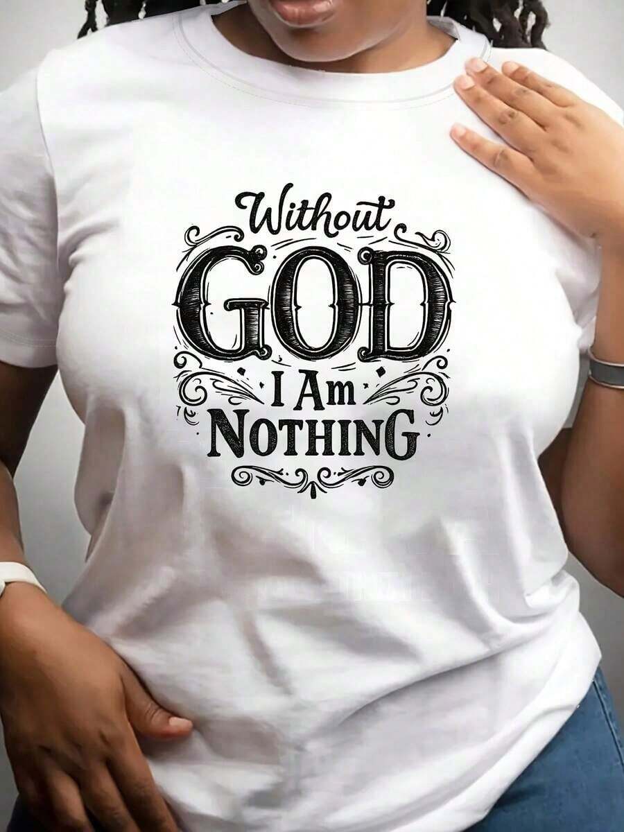 short-sleeveCamiseta casual de talla grande para mujer con el texto "No hay Dios, no tengo nada" en gráfico vintage impreso, de manga corta, cuello redondo, cómoda y adecuada para uso diario, vacaciones y actividades al aire libre100% Cotton - Blanco - Ver 1