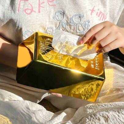 1pc Realistic Gold Brick Tissue Box, Creative Funny Living Room Desktop Tissue Holder, Novelty Housewarming Gift, Luxury Decorative Tissue Box For Bathroom, Living Room, Bedroom, Office, Birthday Gift Or Hotel Use