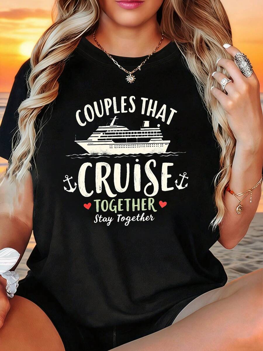 Camiseta de mujer con diseño estampado "Las parejas que viajan juntos se mantienen juntos", talla grande, camiseta casual de moda con cuello redondo para primavera/verano, atuendo creativo, cómoda para uso diario y salidas. - Negro - Ver 1