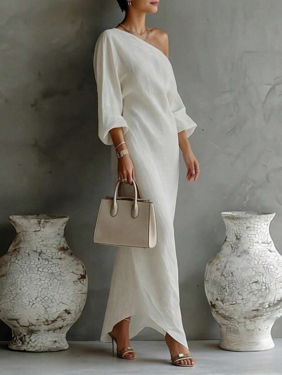 Women's Long Spring Dress With Asymmetrical Shoulder, Loose Fit, Stylish, Slim Fit, European Style, Elegant - 白色 - 查看 1
