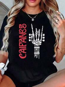 short-sleevePlayera Negra Oversize CAIFANES Rockera con Gráfico de Mano Esqueleto y Guitarra, Camiseta Vintage Estilo Urbano Gótico, Manga Corta Holgada Casual Top de Mujer, Blusas de Mujer Bonitas, Rock Mexico Blusas Para Mujer Casual100% Cotton - Negro - Ver 5