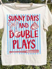 1 pieza "Día de Sol Cálido con Doble Juego de Béisbol, Temporada de Béisbol, Mamá Béisbolista, Rayas de Béisbol Estilo Universitario, Camiseta de Manga Corta con Cuello Redondo y Estampado de Verano a la Moda para Mujer, Estilo Femenino". 180g 100% Algodón - Blanco - Ver 8