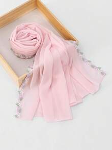1pc Women's Solid Color Floral Embroidered Chiffon Scarf, Soft, Comfortable, Lightweight, Breathable, Versatile Long Scarf, Elegant Embroidery Contrast Color Design, Suitable For Daily Wear, All Seasons - Multi-color Embroidered Lace Chiffon - View 7