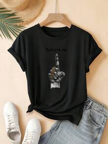 ¡Oferta por tiempo limitado, unidades limitadas,  relámpago! Camisas casuales para mujer, camisetas de poliéster para mujer, camisas elegantes.Una camiseta de manga corta con cuello redondo, elegante y linda para mujer, con un estampado de gesto de anillo en el dedo. Es lavable a máquina y perfecta para ropa casual de calle, lo que la convierte en un regalo ideal para el hogar, la oficina y otras ocasiones. - Negro - Ver 7