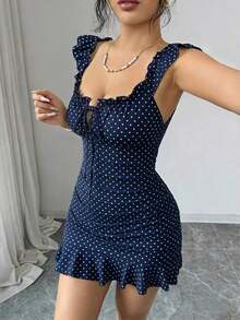 Vestido camisero con volantes en el bajo y hombros descubiertos, estilo vintage con estampado, vestido entallado de línea A - Azul marino - Ver 4