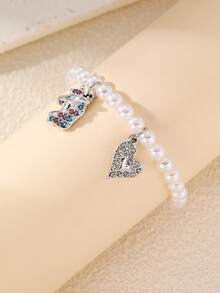 1pc/2pcs Girls Pearl Beaded Rhinestone Heart & Unicorn Bracelet Set, Suitable For Daily Decoration - Multicolor - View 3