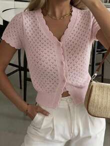 Blusa de punto de verano casual y elegante para mujer Just Masa, con escote en V, volantes en las mangas cortas, botones en la cintura y elástico, de estilo minimalista y dulce, adecuada para viajes, vacaciones, ir al trabajo, la playa, citas y uso diario, en color blanco - Rosa - Ver 8