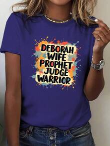 Women's T-Shirt "Deborah Wife, Mother, Warrior, Christian Bible Verse" - 100% Comfortable Short-Sleeve Casual T-Shirt With A Bold Print Of The Warrior Judge Deborah And A Design Of The Bible Verse Hebrews 5:10, Suitable For Religious Events And Casual Wear - Soft And Breathable Fabric, Machine Washable, Suitable For All Seasons, Loose Fit, Short Sleeves, Regular Length, Opaque, Suitable For Everyday Wear (Inspired By Deborah). - 藍色 - 查看 7