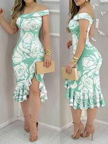 ChicMe Vestido de mujer con estampado floral, hombros abiertos, volantes en el bajo y abertura, vestido elegante y entallado de longitud media, adecuado para fiestas, cócteles y uso de verano - Gris - Ver 5