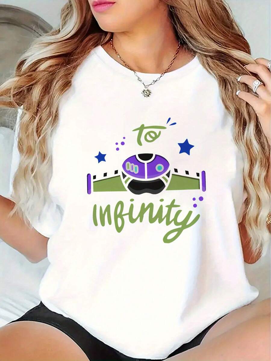 Women's T-Shirt With Infinity Symbol And Loop Print - Soft, Stretchy, Breathable, Crew Neck, Short Sleeve, Suitable For Casual And Sporty Wear In All Seasons, Black With Green And Purple Infinity Prints, Inspired By Pop Culture - Comfortable T-Shirt For Everyday Wear, Machine Washable, Versatile Piece To Match, Fun Design With Infinity Symbol And Loop, Loose Fit For All-Day Wear, Stylish Shirt Suitable For Parties. - 白色 - 查看 1