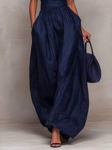 Mono largo de mujer a rayas azul oscuro sin mangas cintura marcada y pierna ancha estilo elegante - Azul marino - Ver 4
