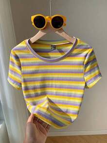 Camiseta ajustada de mujer tejida con rayas de colores - amarillo ganso - Ver 7