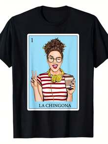 Camiseta de Bingo Mexicano La Chingona para Mujer y Unisex - Diseño español con una imagen femenina icónica, 100% algodón de 220 g/m², cuello redondo suave y mangas cortas, un regalo orgulloso para la gente latín-americana, ropa tradicional mexicana (ropa casual y cultural). - Negro - Ver 2