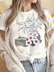 Camisetas para Mujer y Hombre con Cuello Redondo y Mangas Cortas, Estampado de Palmeras Tropicales y Flores de Hibisco, Camiseta Negra para Mujer, Estilo Casual de Verano con Fondo de Volcán, Camiseta Estilo Hawaiano, Estampados Divertidos Ideales para Fiestas de Navidad, Actividades Deportivas, Fiestas de Vacaciones, Salidas, Deportes y Otros Regalos Festivos. - Blanco - Ver 1