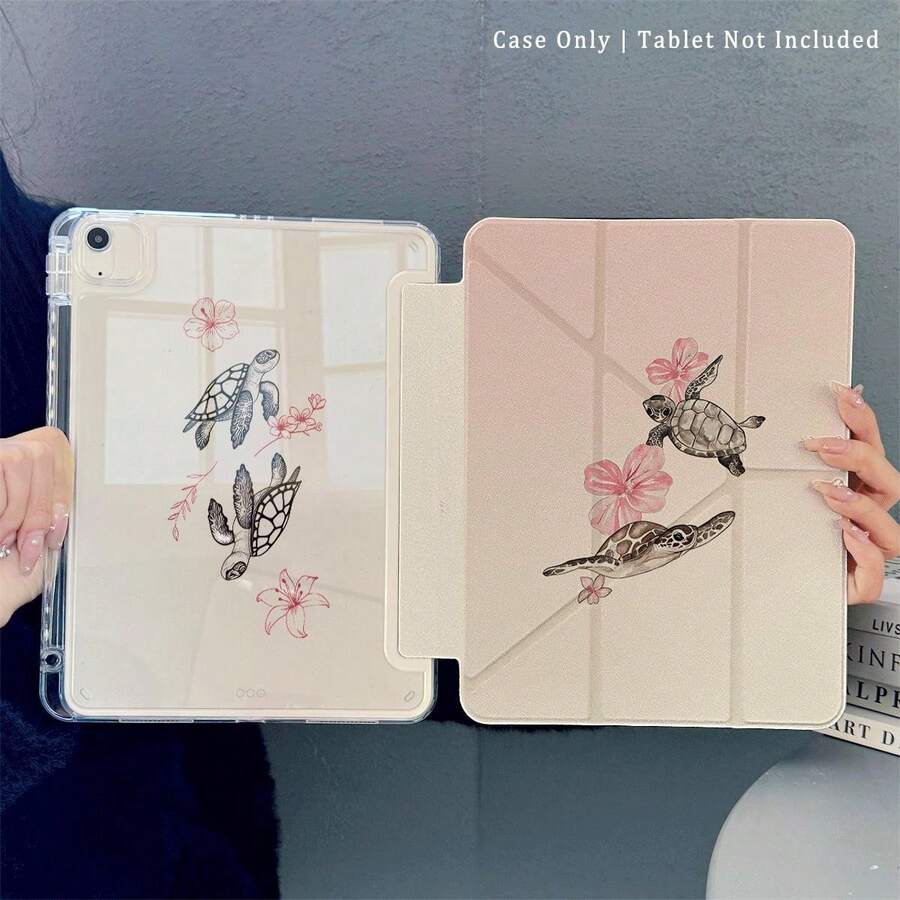 1個極簡海龜與粉色花卉印花平板保護殼，附筆槽與自動休眠/喚醒功能，適用於 iPad PRO/AIR、、小米平板 5/6/21、OPPO 平板 - 彩色 - 查看 1