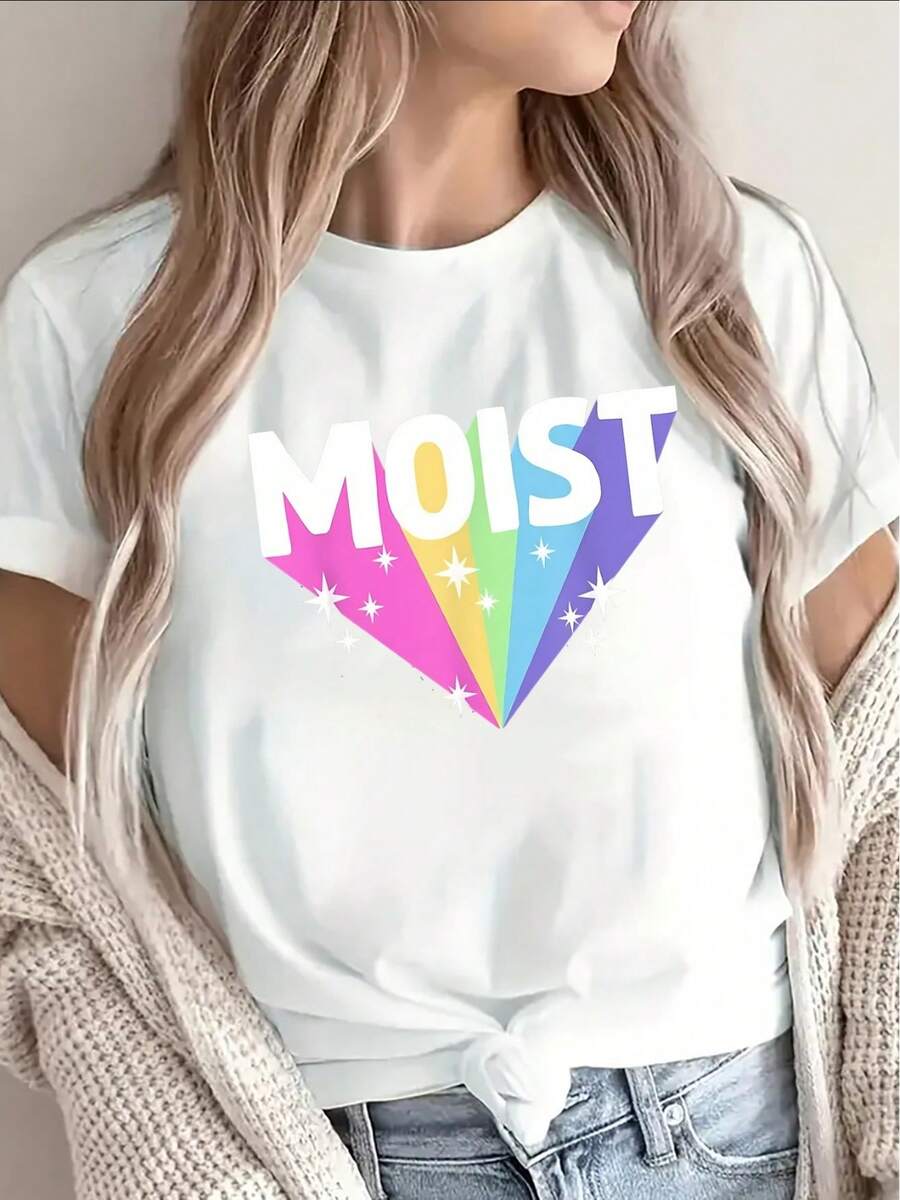 Camiseta ligera de manga corta, diseñada con un colorido patrón de arcoíris, es perfecta para salidas informales, uso en casa, cenas o actividades al aire libre, y está diseñada para ofrecer comodidad y durabilidad. - Blanco - Ver 1
