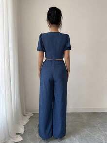 Conjunto de 2 piezas para mujer con efecto de mezclilla y mangas abullonadas elegantes en azul - Azul - Ver 2