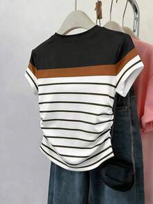 Camiseta de manga corta con pliegues y rayas, casual de verano para mujer - Blanco 2 - Ver 2