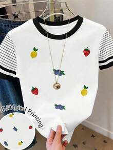 Camiseta de mujer 100% algodón con estampado gráfico de corazón y amor, cuello redondo, contraste de color blanco y negro, bloques de color y rayas - Multicolor 11 - Ver 1