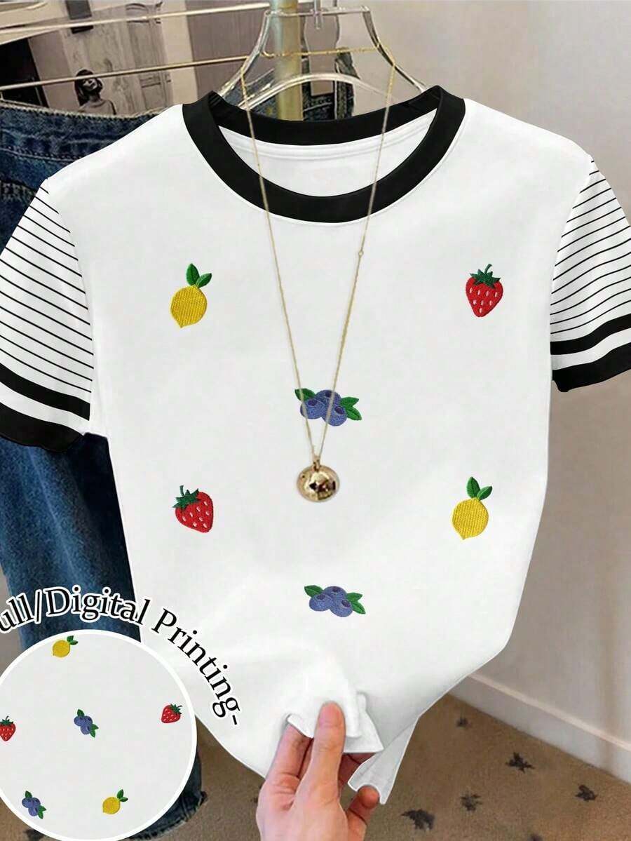 Camiseta de mujer 100% algodón con estampado gráfico de corazón y amor, cuello redondo, contraste de color blanco y negro, bloques de color y rayas - Multicolor 11 - Ver 1