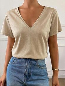 Camiseta casual holgada de mujer de unicolor con cuello en V y mangas cortas, ropa casual de negocios para mujer - Albaricoque 2 - Ver 1