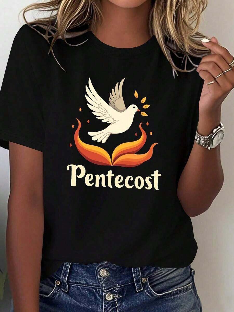 Fashion Printed T-Shirts For Women, Oversized Streetwear Tops, Comfortable And Stylish All-Match Summer Tees. Women's Solid Color T-Shirt With Dove And Flame Design Of Pentecost - Platinum Faith Design, With Pentecost Symbol In Greek Script, Casual Church Attire, Religious Clothing, Breathable All-Season T-Shirt, Casual T-Shirt For Women. - 黑色 - 查看 1