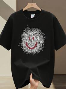 Camiseta de manga corta con estampado moderno y puro de peso pesado para hombre, nuevo estilo casual de verano, corte holgado, top versátil en tallas grandes (10) - Negro - Ver 2