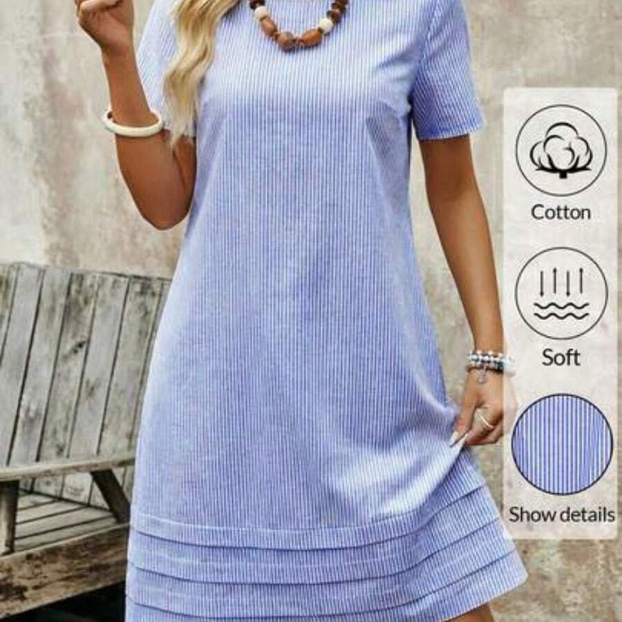 guangzhougaolangshangmao Faunlyn Vestido corto de manga corta de unicolor casual de verano - Azul marino - Ver 1