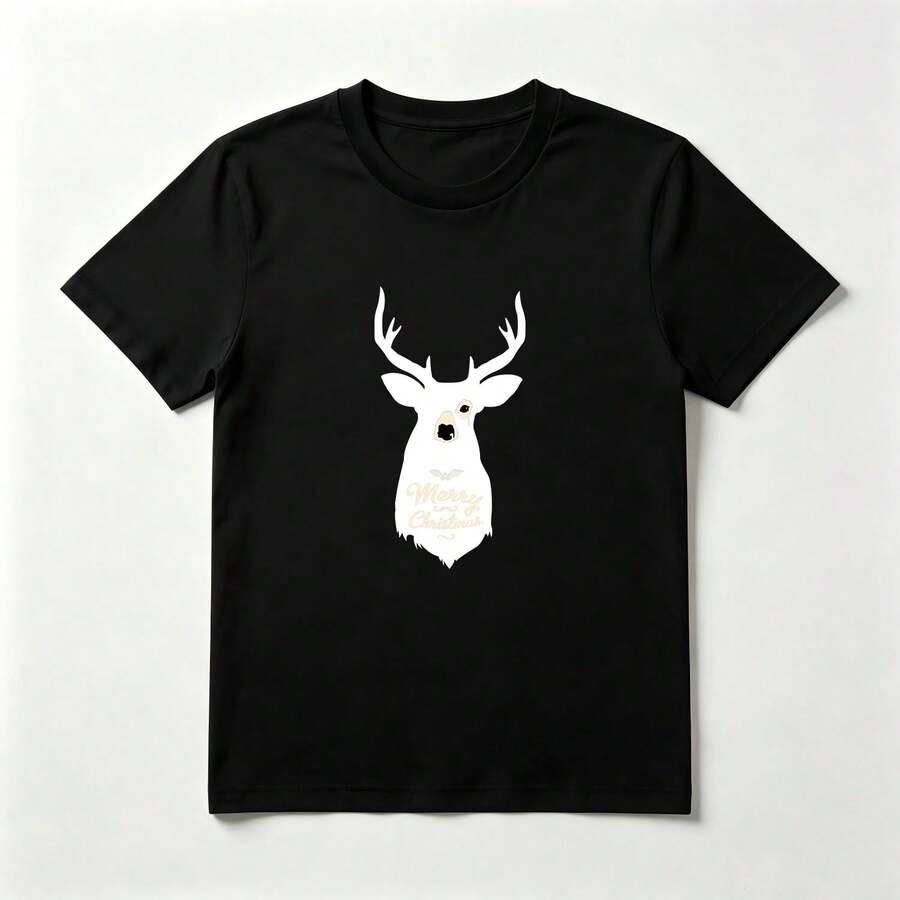 Ciervo Blanco Navideño Playera de Algodón Negro con Diseño Festivo - Negro - Ver 1