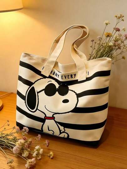  1 chiếc túi vải kẻ sọc Snoopy, túi đeo vai dung tích lớn, thích hợp cho đi làm, dạo chơi, du lịch, túi xách đa năng dễ thương, món quà lý tưởng cho mùa tựu trường, sinh nhật, Ngày Valentine và Ngày của Mẹ.