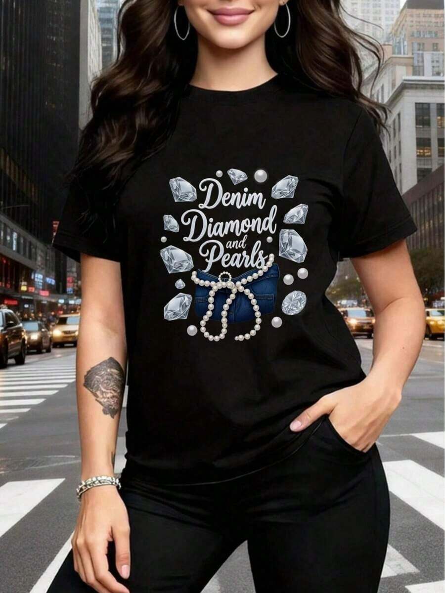 Camiseta de Algodón Estilo Vintage con Estampado de Eslóganes de Lisboa, Casual, Ajustada, Sencilla y Elegante, Camiseta de Mezclilla con Diseño de Diamantes y Perlas, Estampado Unisex Y2K, Mangas Cortas Holgadas, Estilo Neutral, Corte Holgado Casual, Moda Urbana, Ropa de Primavera, Cuello Redondo, Lavable a Máquina, Adecuada para Pascua y el Día de la Madre, para Uso Diario en Verano. - Negro - Ver 1