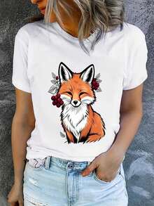 Women's Short Sleeve Crew Neck T-Shirt, Printed, Modern And Casual, Machine Washable, Comfortable Fit, 2D Flat Print Blouses For Women. - 白色_10 - 查看 7