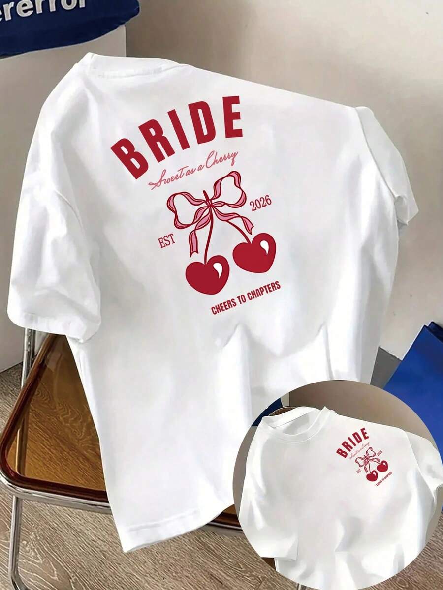 Camiseta de manga corta con estampado frontal y trasero, tema de cerezas para novias, top casual moderno para mujer, ideal para el aniversario de bodas de 2026, camiseta casual de manga corta con cuello redondo, para verano y primavera, ropa de mujer 100% algodón. - Blanco - Ver 1